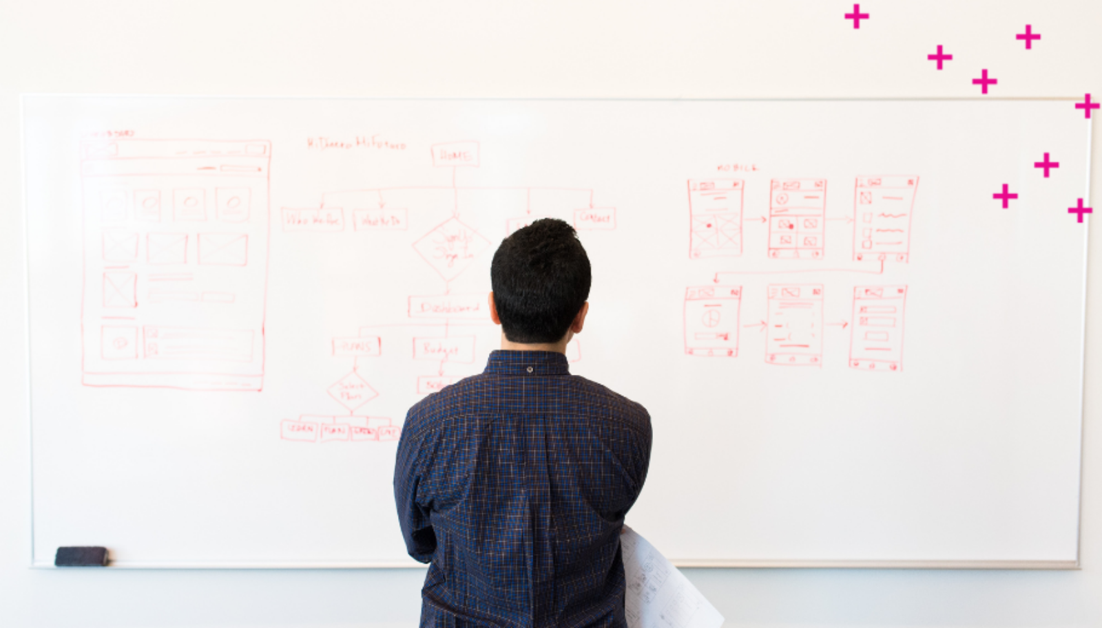 A man looks at a white board with red formulas on it